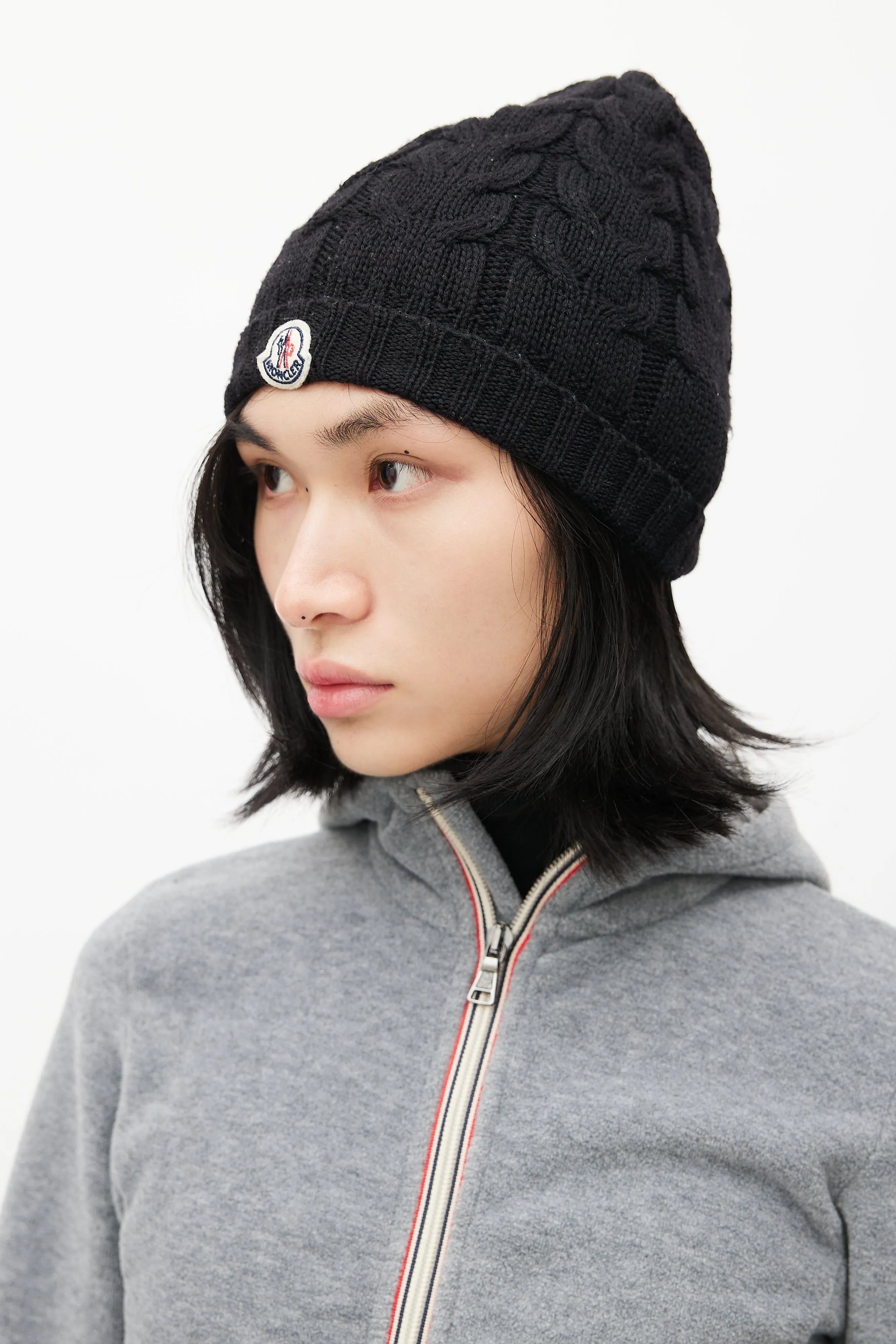 Black Cable Knit Logo Beanie