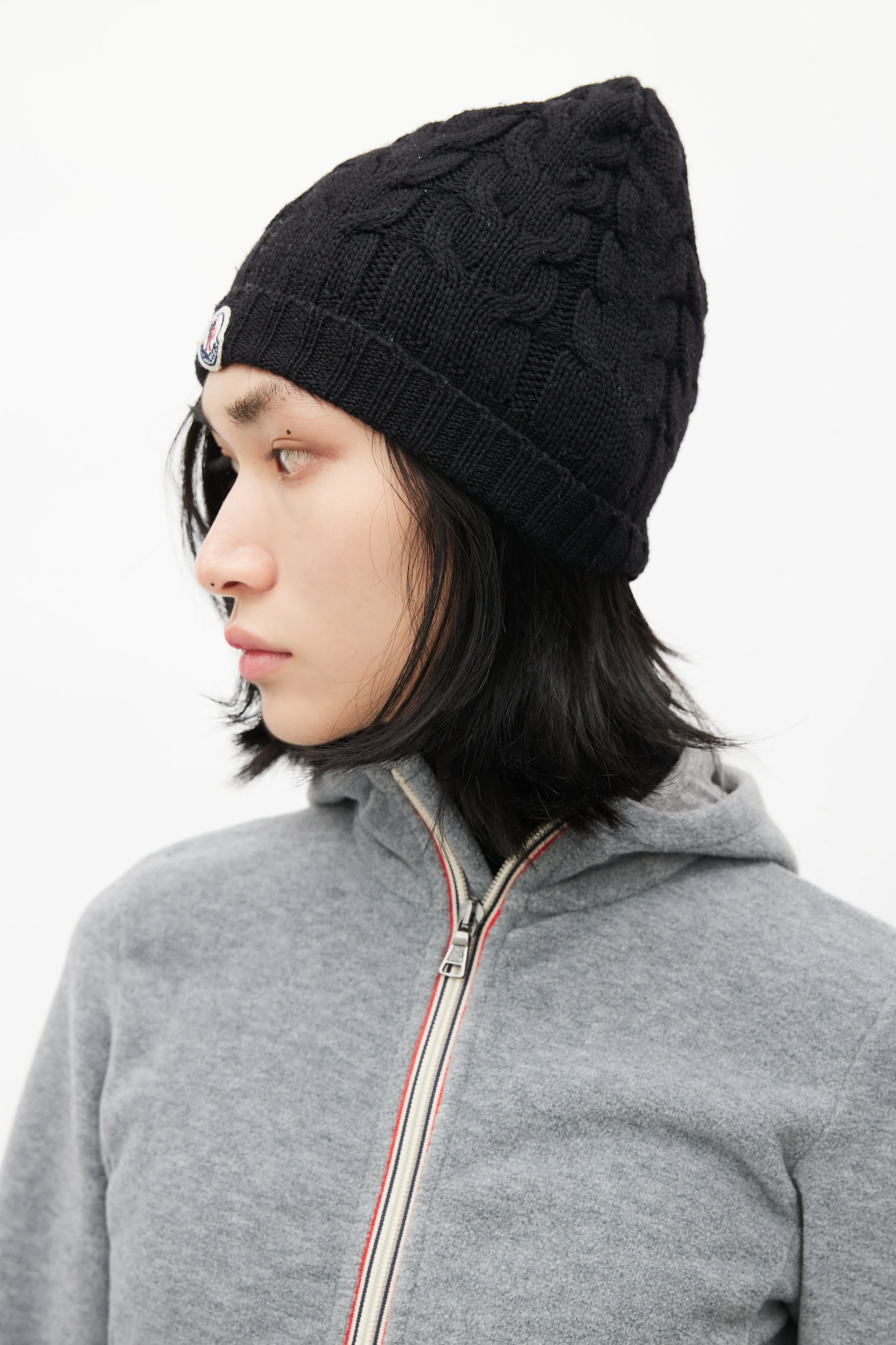 Black Cable Knit Logo Beanie