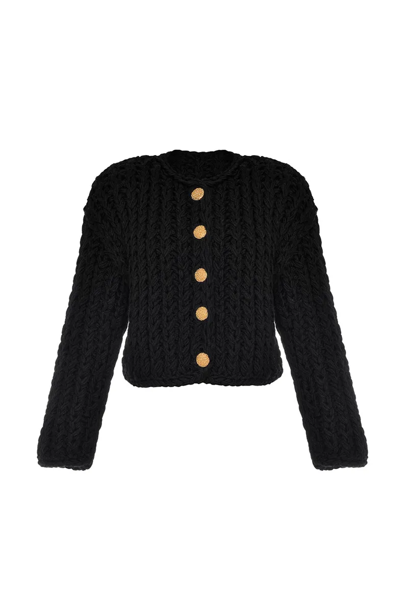 BLACK CABLE KNIT WOOL CARIDGAN