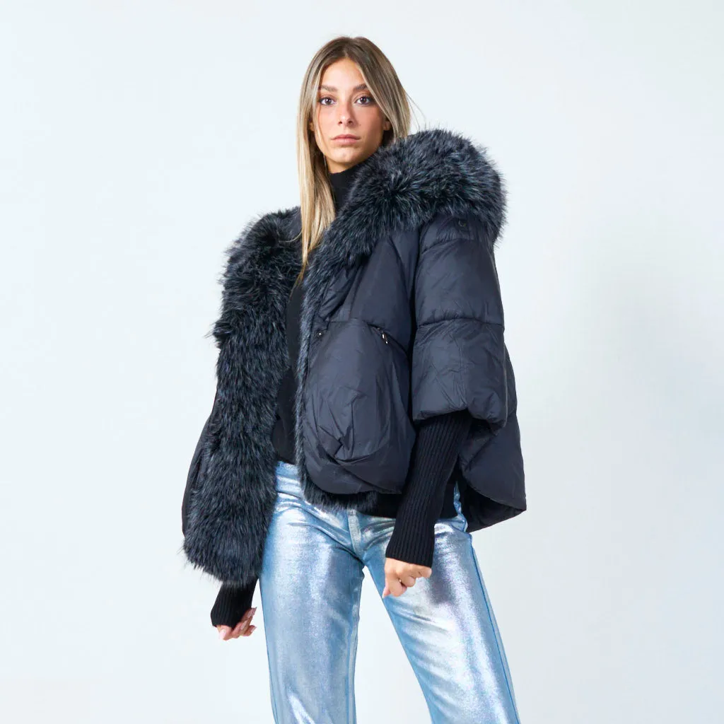 Bold puffer jacket with faux fur trim wholesale