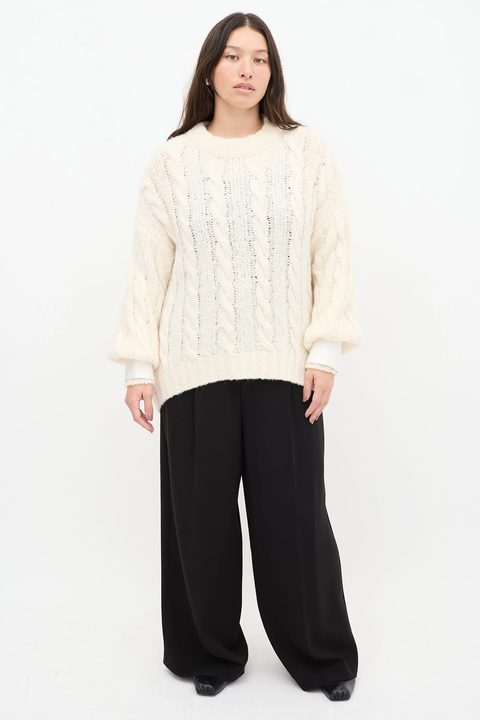 Cream Wool Knit Jewel Cuff Sweater