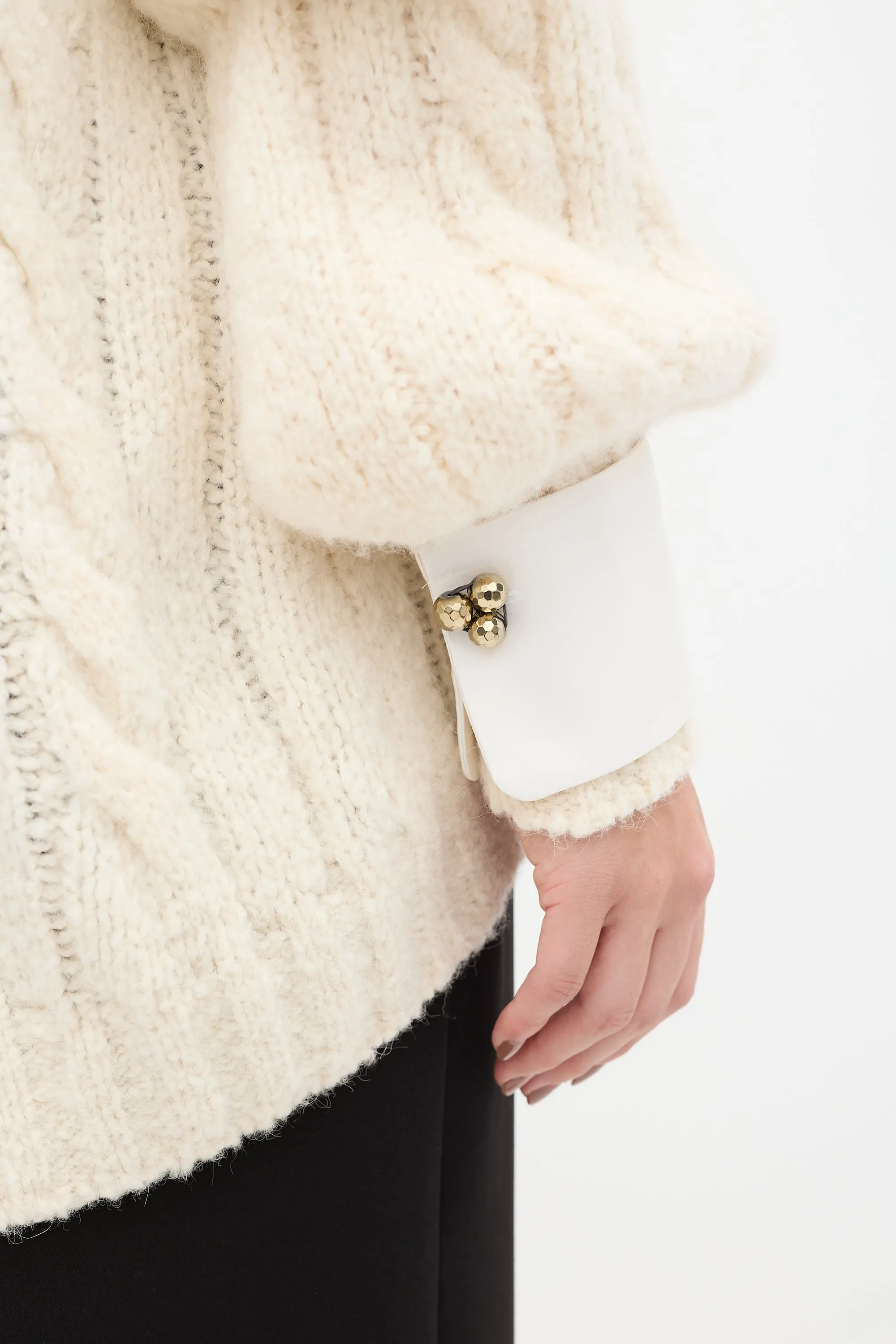 Cream Wool Knit Jewel Cuff Sweater