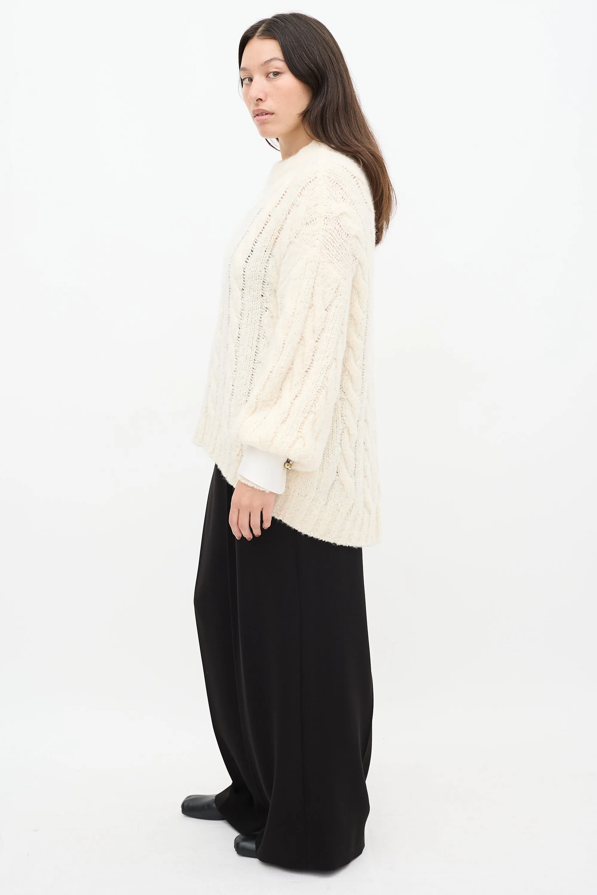 Cream Wool Knit Jewel Cuff Sweater