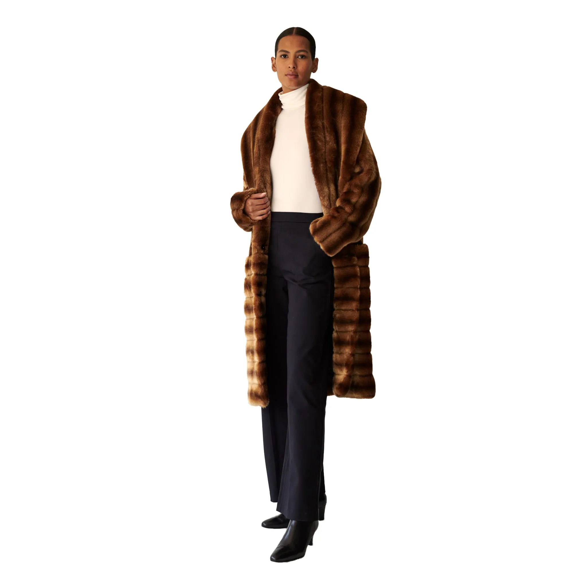 Deutzia Brown Stripes Faux Fur Relaxed Coat