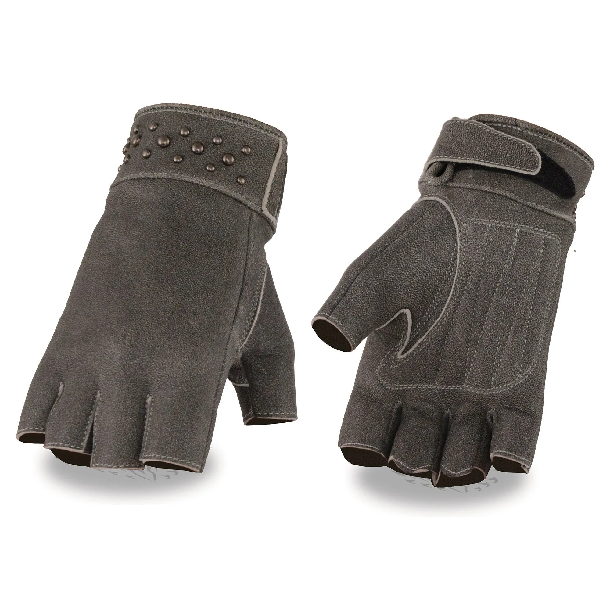 GREY MG7761 Women's Leather Gel Palm Fingerless Motorcycle Hand Gloves W/ Stylish Wrist Detailing