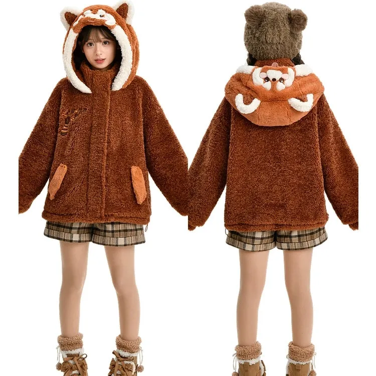 Kawaii Brown Red Panda Plush Hooded Coat