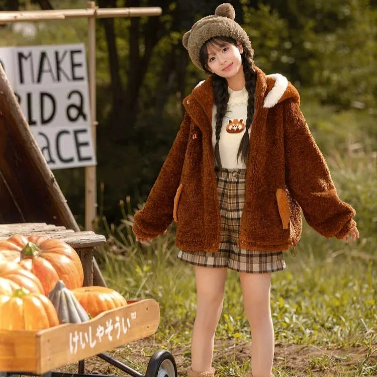 Kawaii Brown Red Panda Plush Hooded Coat