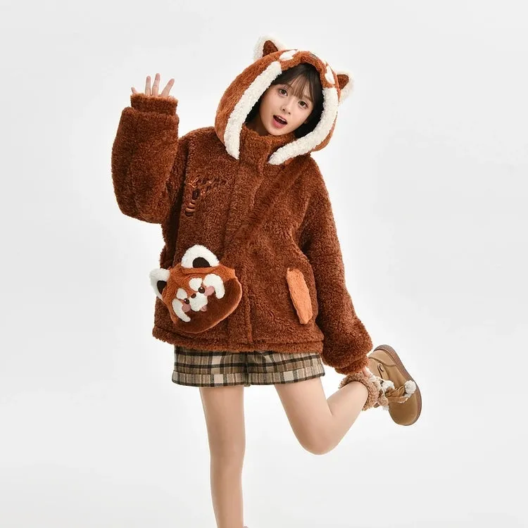 Kawaii Brown Red Panda Plush Hooded Coat
