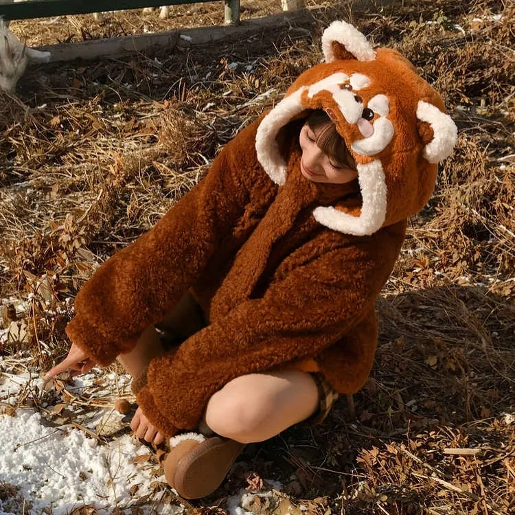 Kawaii Brown Red Panda Plush Hooded Coat