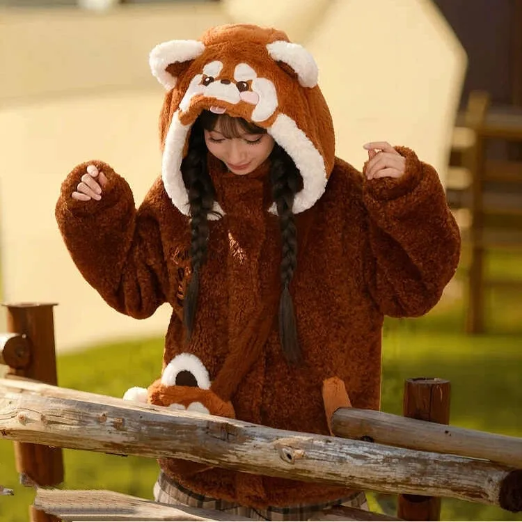 Kawaii Brown Red Panda Plush Hooded Coat
