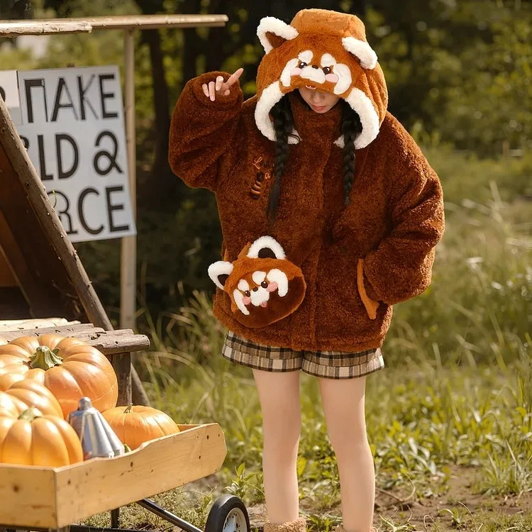 Kawaii Brown Red Panda Plush Hooded Coat