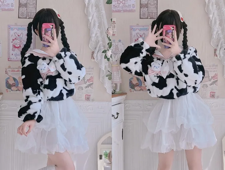 Kawaii Plush Cow Print Jacket
