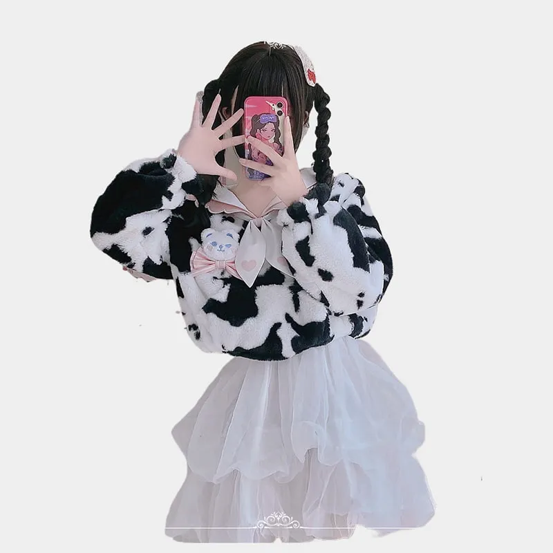 Kawaii Plush Cow Print Jacket