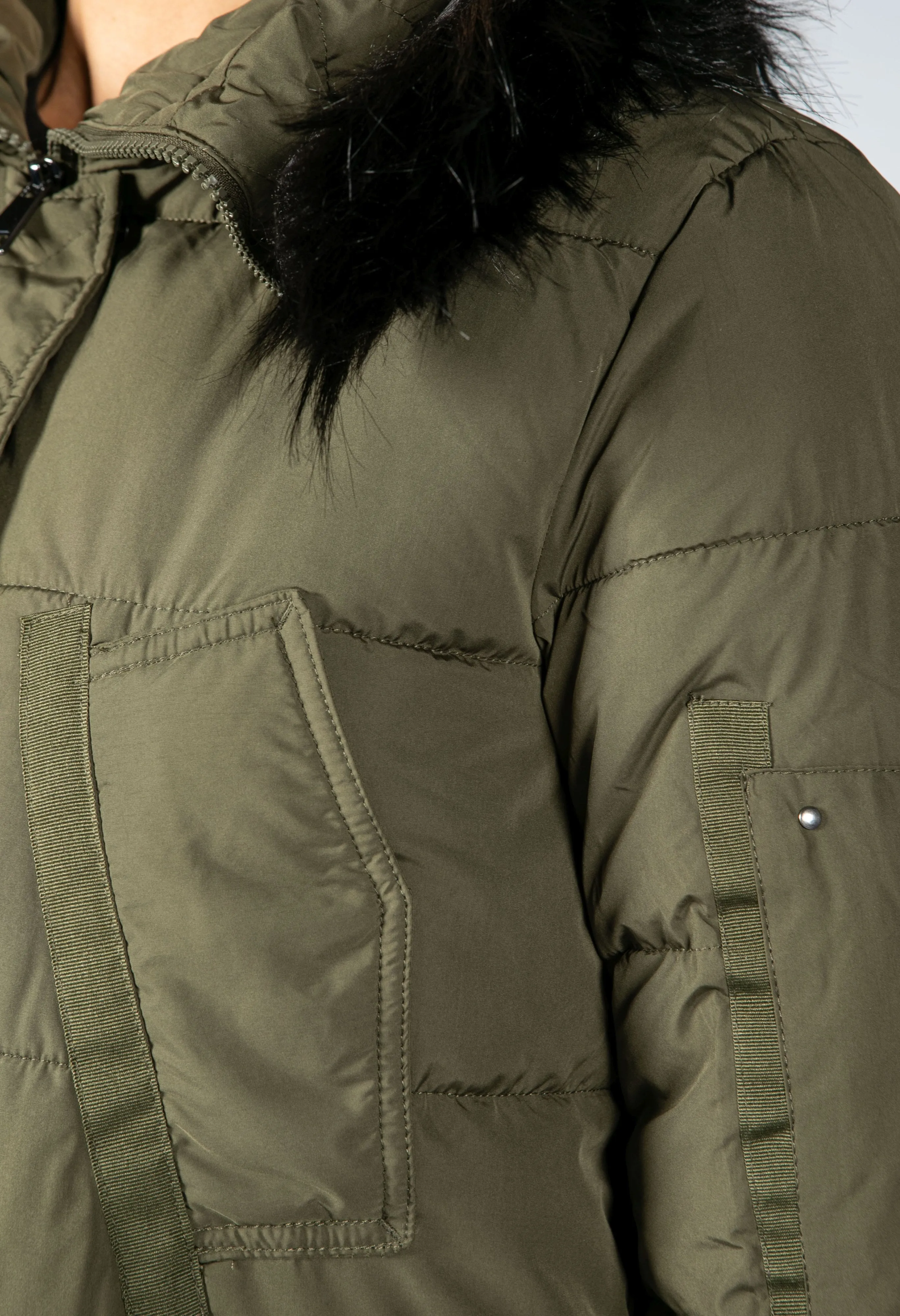 Quilted Parka With Detachable Faux Fur Hood in Khaki