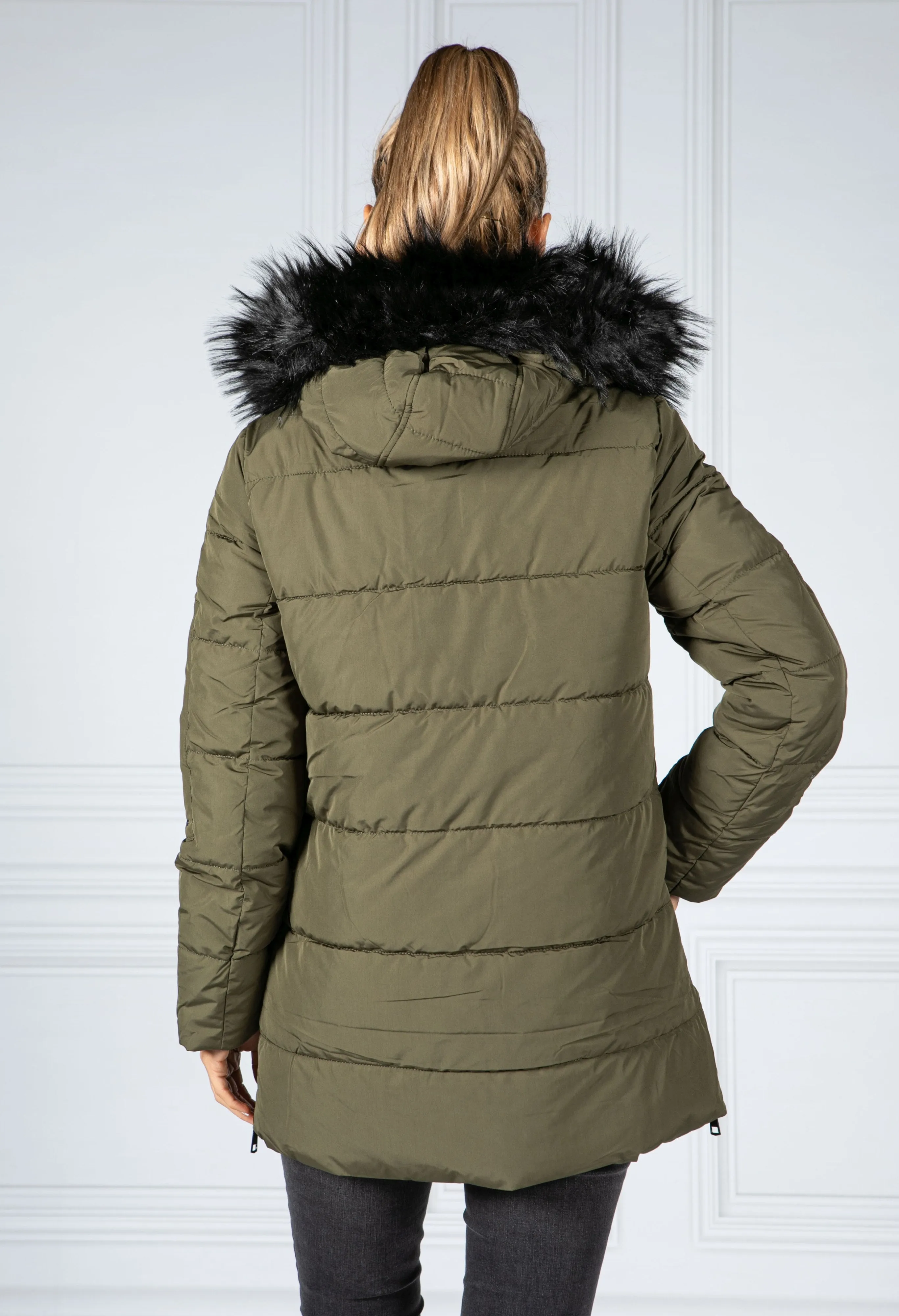 Quilted Parka With Detachable Faux Fur Hood in Khaki