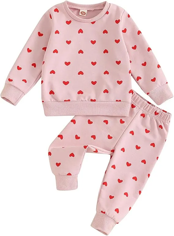Toddler Baby Girl Clothes 2 Piece Heart print Long Sleeve Sweatshirt