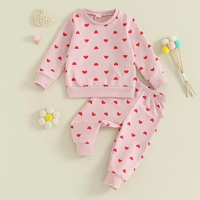 Toddler Baby Girl Clothes 2 Piece Heart print Long Sleeve Sweatshirt