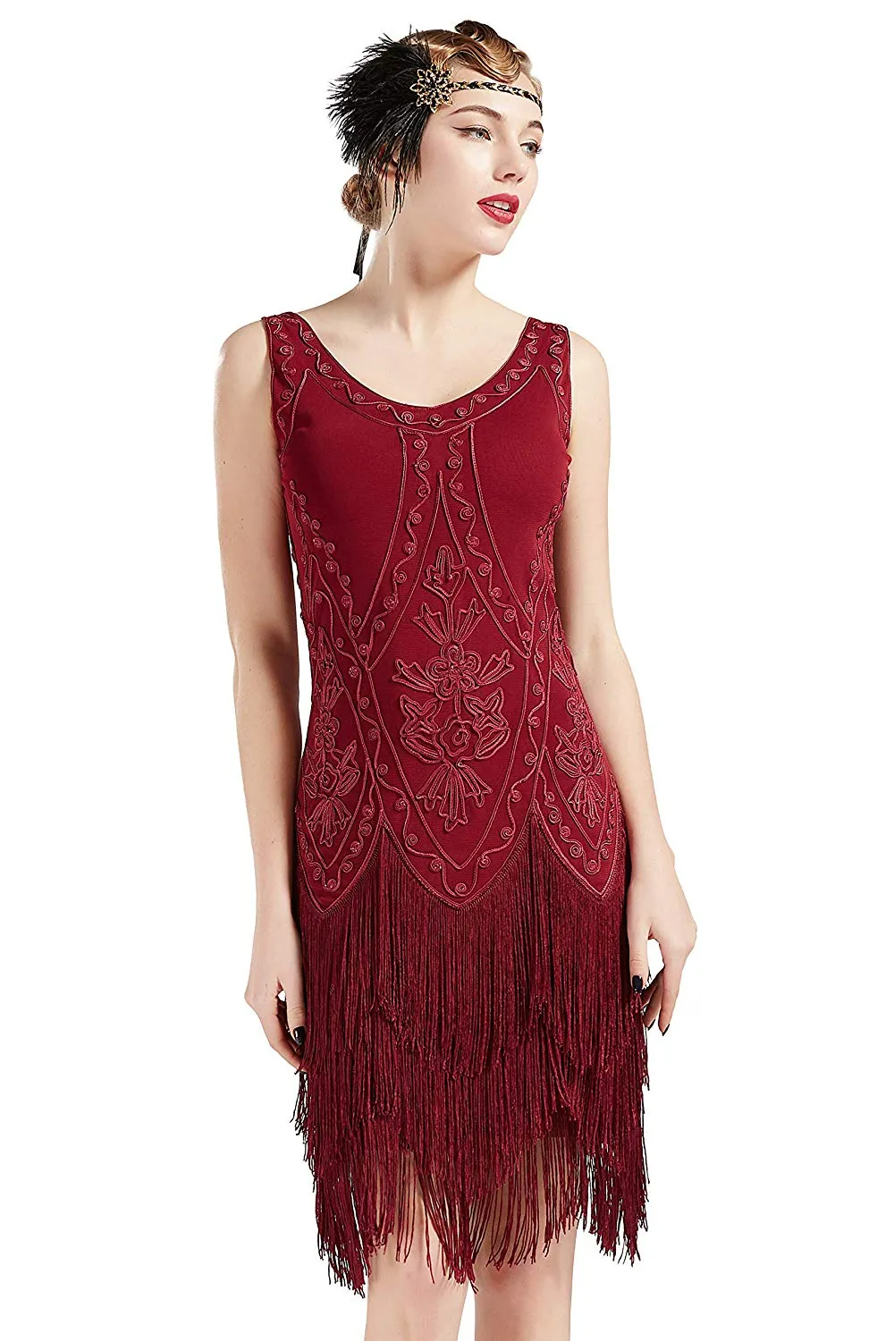 US STOCK Vintage Red 1920s Flapper Unique Dress Roaring 20s Great Gatsby Fringed Dress