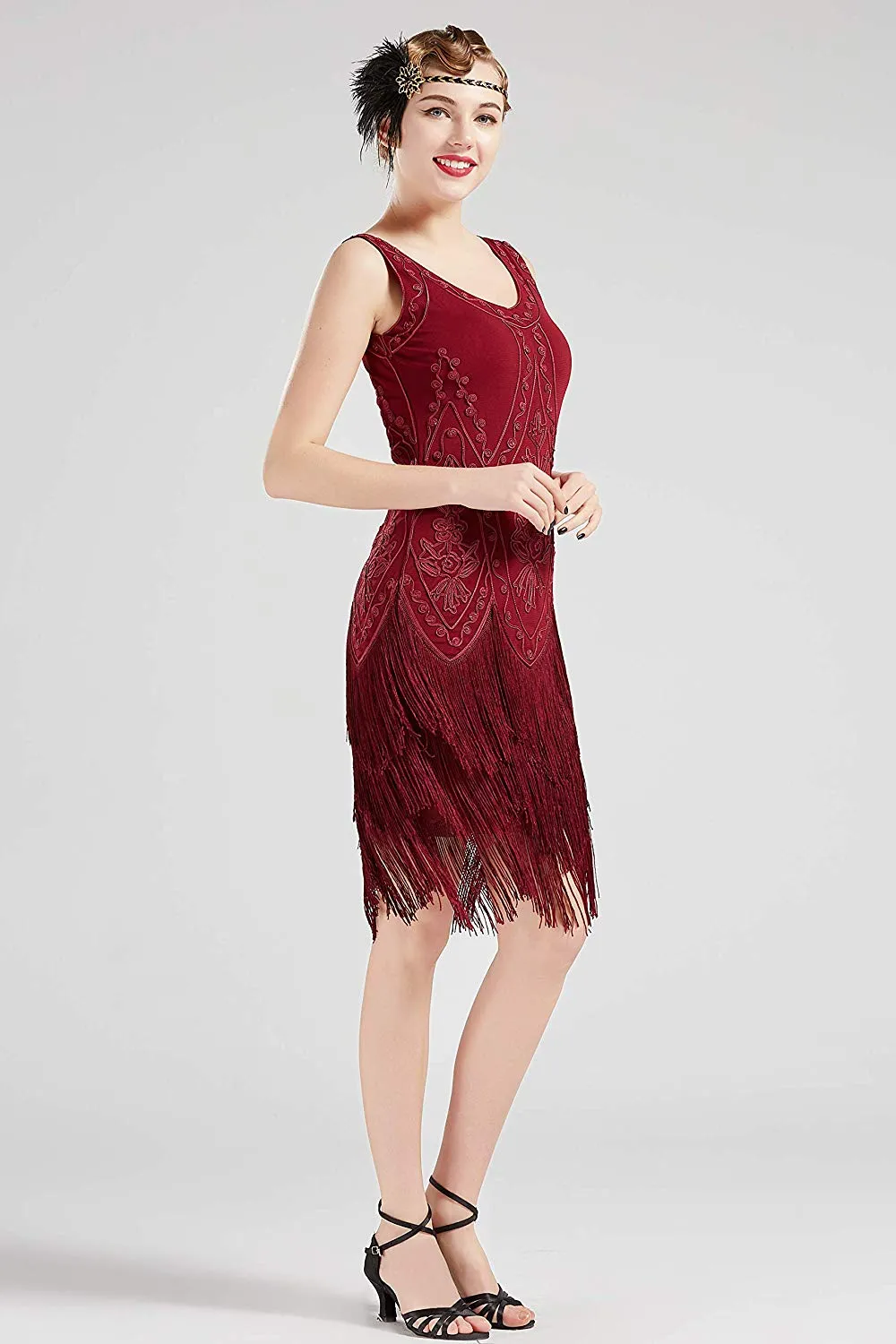 US STOCK Vintage Red 1920s Flapper Unique Dress Roaring 20s Great Gatsby Fringed Dress