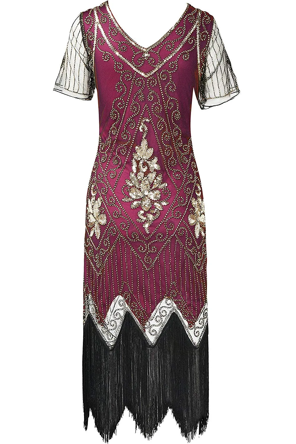 US STOCK Vintage Red and God Unique 1920s Art Deco Fringed Sequin Dress 20s Flapper Gatsby Dress