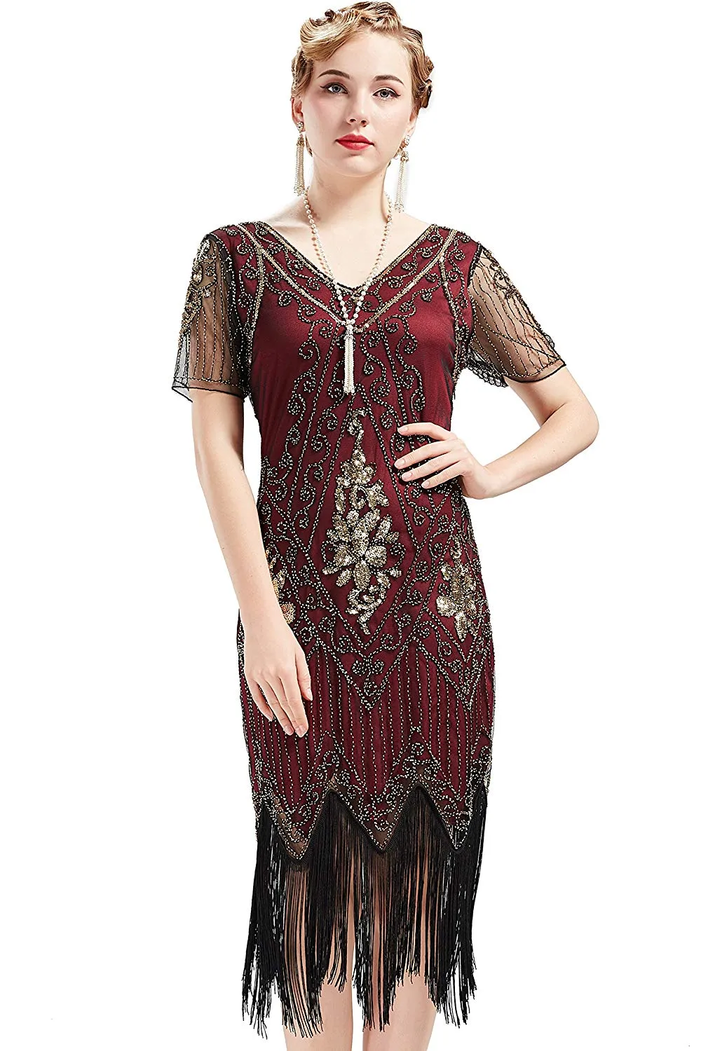 US STOCK Vintage Red and God Unique 1920s Art Deco Fringed Sequin Dress 20s Flapper Gatsby Dress