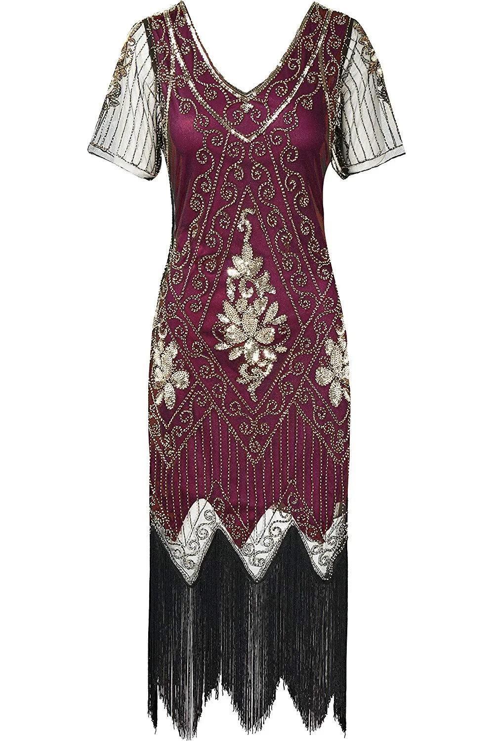 US STOCK Vintage Red and God Unique 1920s Art Deco Fringed Sequin Dress 20s Flapper Gatsby Dress
