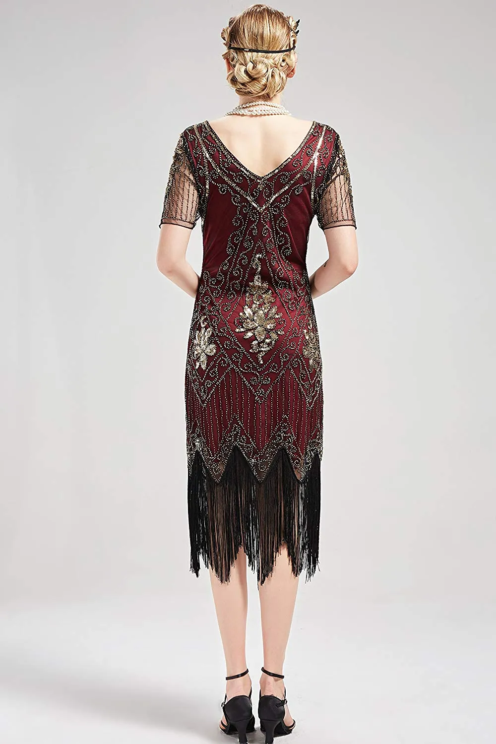 US STOCK Vintage Red and God Unique 1920s Art Deco Fringed Sequin Dress 20s Flapper Gatsby Dress