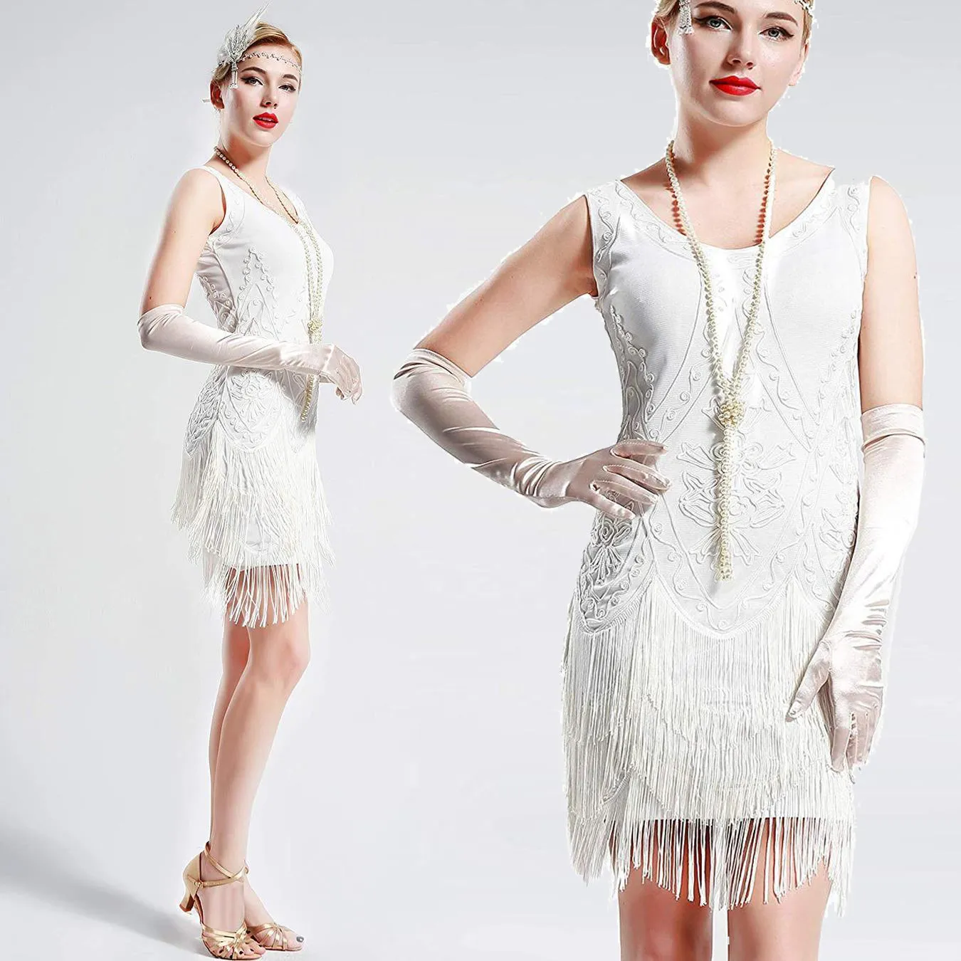 US STOCK Vintage White 1920s Flapper Unique Dress Roaring 20s Great Gatsby Fringed Dress