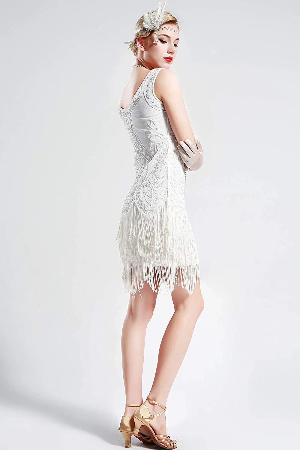 US STOCK Vintage White 1920s Flapper Unique Dress Roaring 20s Great Gatsby Fringed Dress